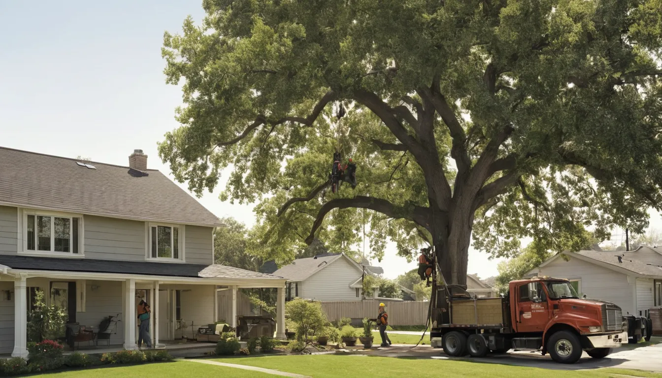A tree removal provider lowering a large tree section in a residential yard in Scandia
